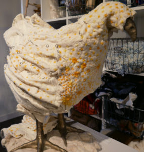 Close up of a yellow and white chicken