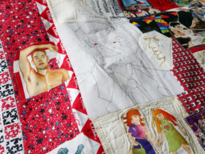A detail of Nedra's quilt, Brownbackistan, detailing life in Kansas during Sam Brownback's term as governor.