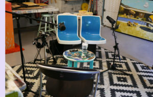 The podcast recording setup in Seth Smith's studio.