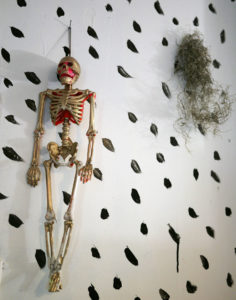 A gold and pink skeleton hangs on a polka dotted wall in Seth Smith's studio.