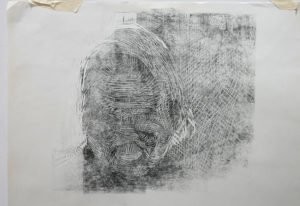Phase one of the woodblock printing of a portrait of Kathy's grandmother.