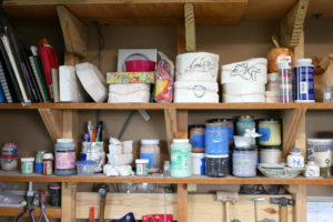Working shelves in Momoko's office.